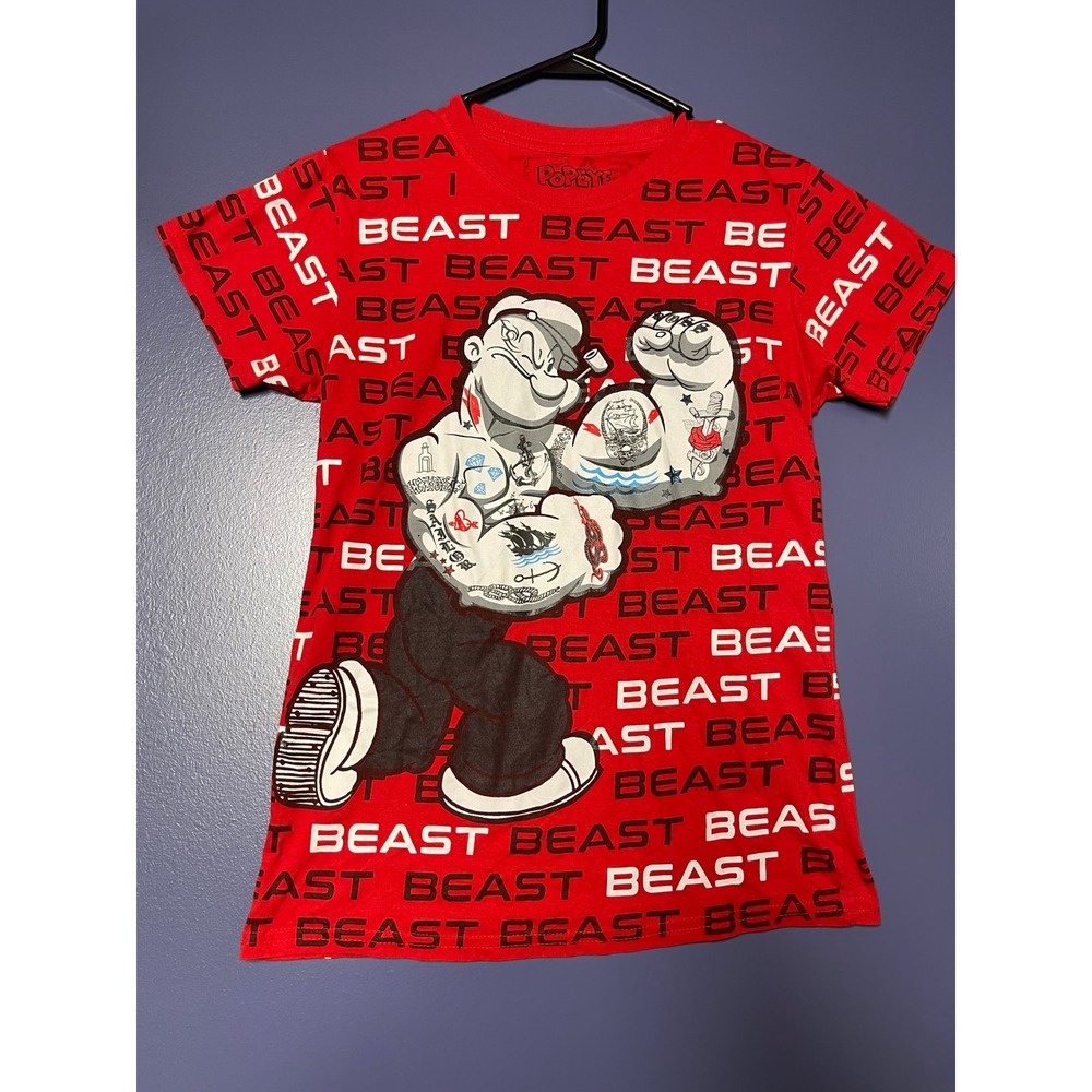 Popeye the Sailor Man Beast Mode Graphic T-Shirt Red Mens Small All Over Print